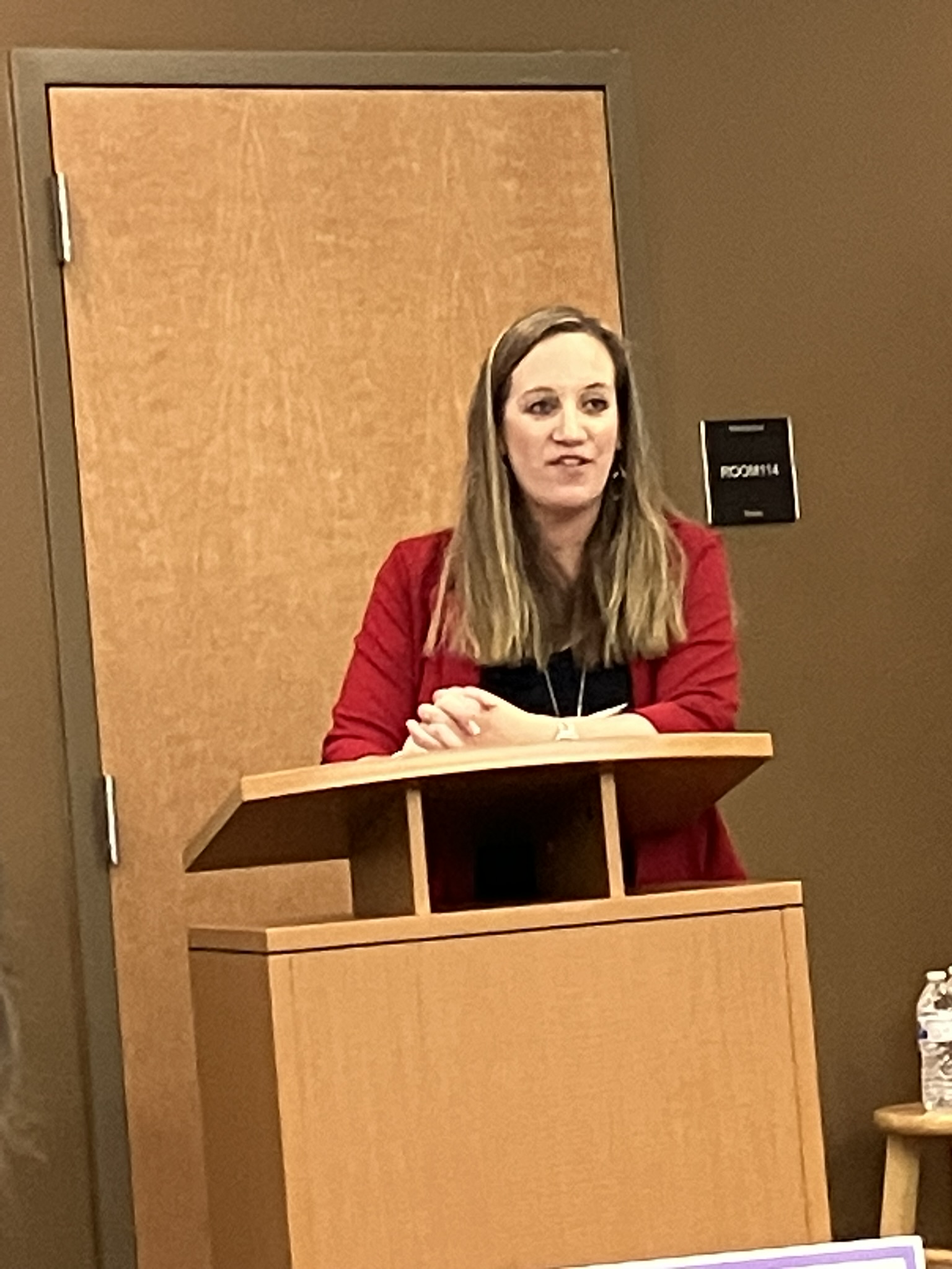 Tara Czachor of Wisconsin United for Freedom discusses vaccine mandates at a Northeast Wisconsin Patriots event on April 11, 2023.
