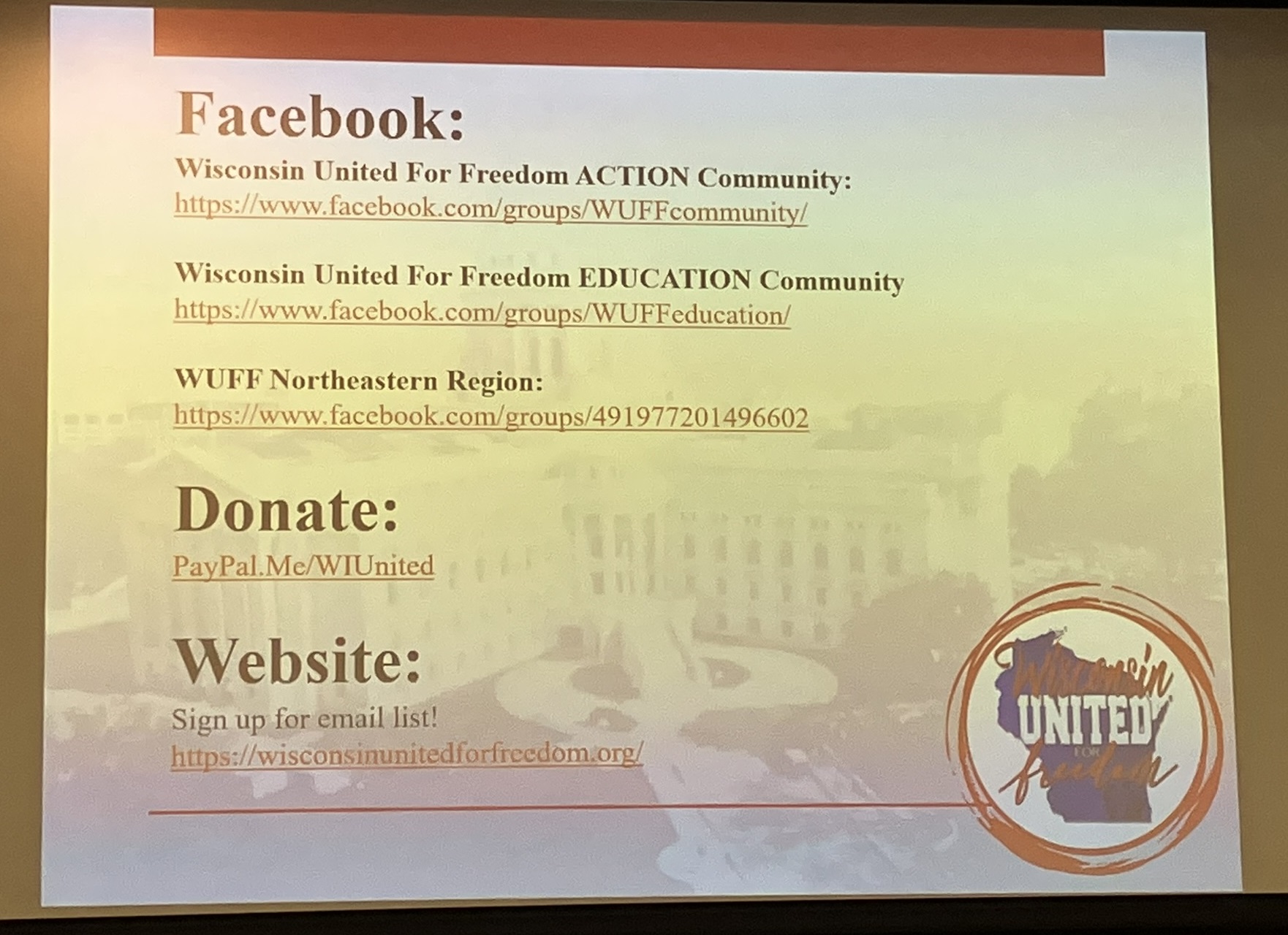 Contact information for Wisconsin United for Freedom.