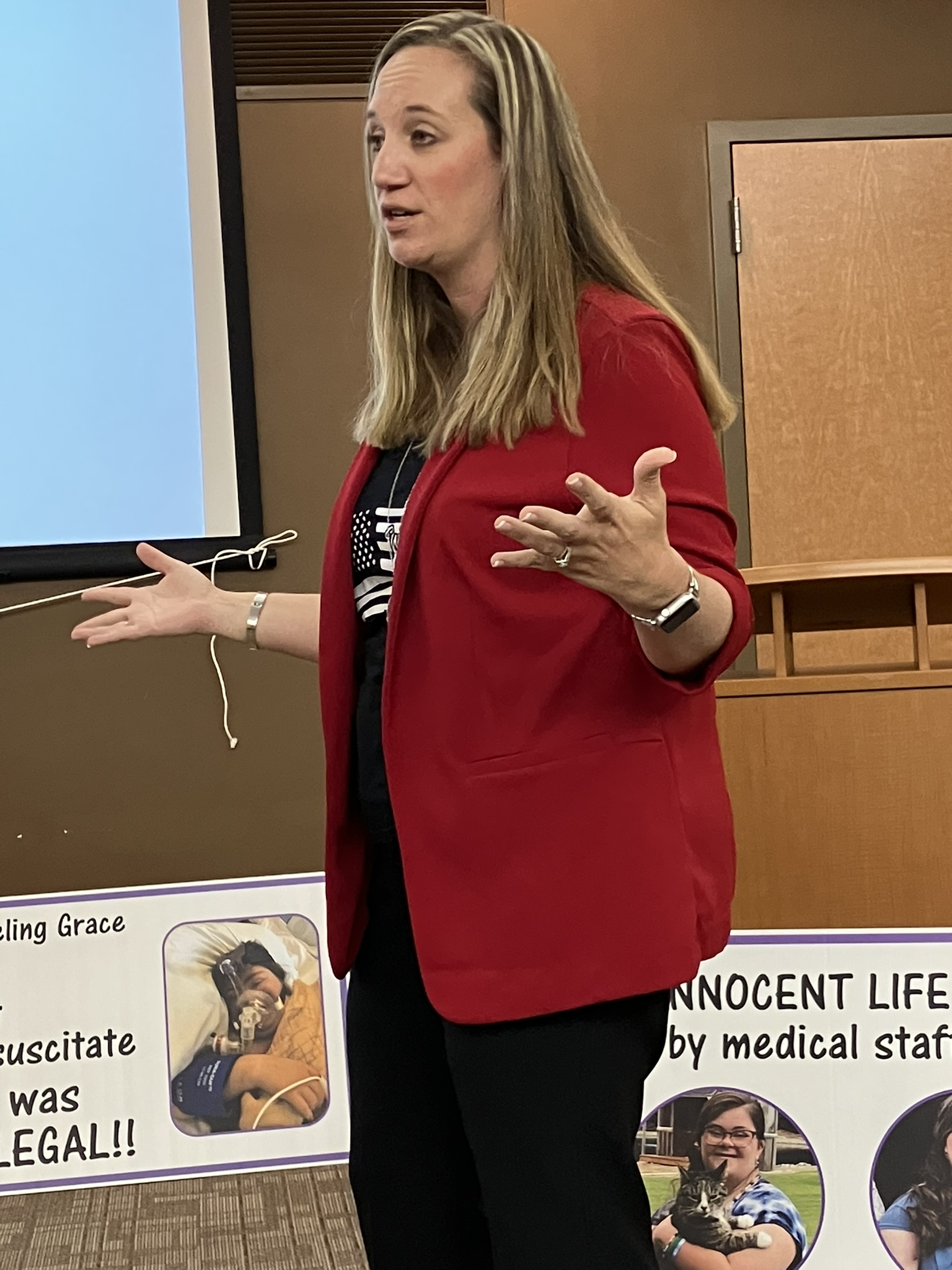 Tara Czachor responds to questions from the Northeast Wisconsin Patriots audience.
