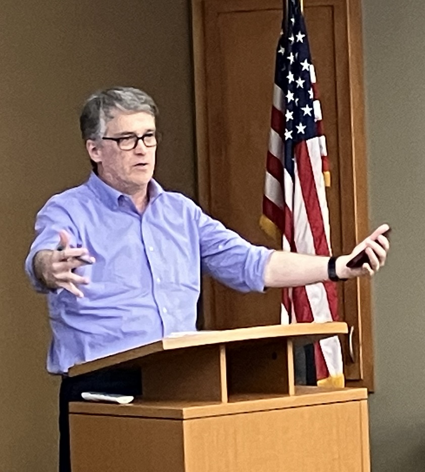 Brett Healy, president of the MacIver Institute, discusses the Wisconsin state budget at the Northeast Wisconsin Patriots meeting on May 9, 2023.
