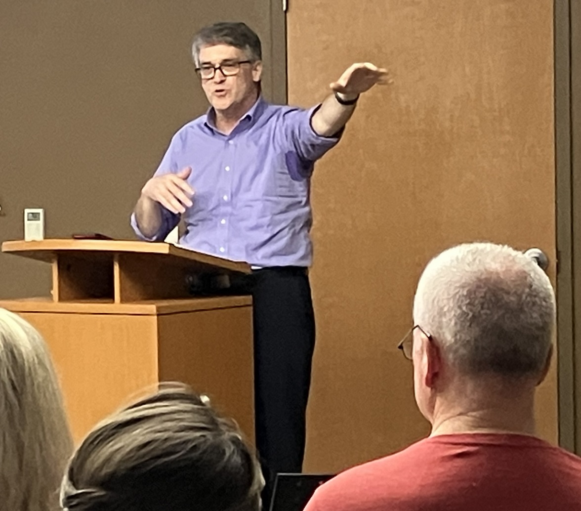 Brett Healy, president of the MacIver Institute, responds to an audience member's question at the Northeast Wisconsin Patriots meeting on May 9, 2023.