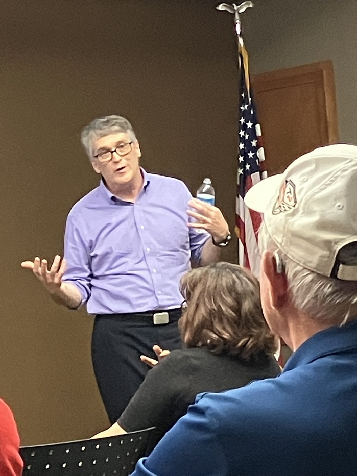 Brett Healy, president of the MacIver Institute, discusses shared revenue at the Northeast Wisconsin Patriots meeting on May 9, 2023.