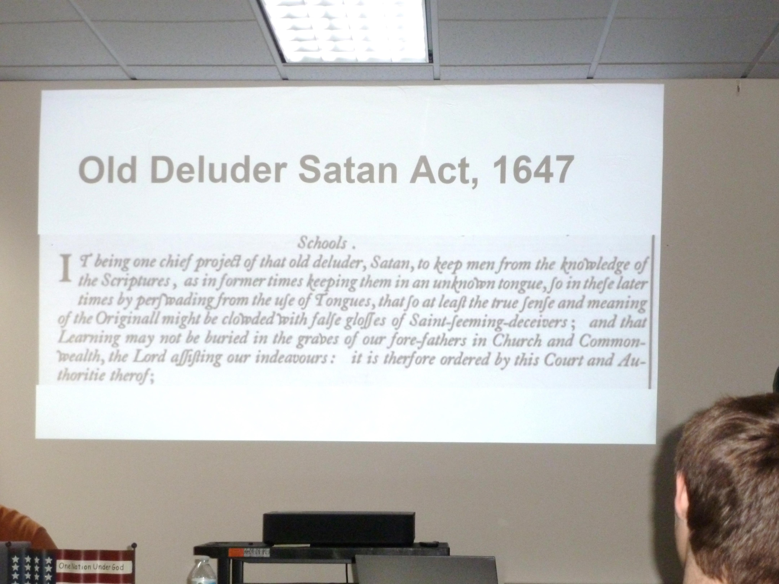 The Old Deluder Satan Act of 1647 explained the need for education from a Biblical perspective.