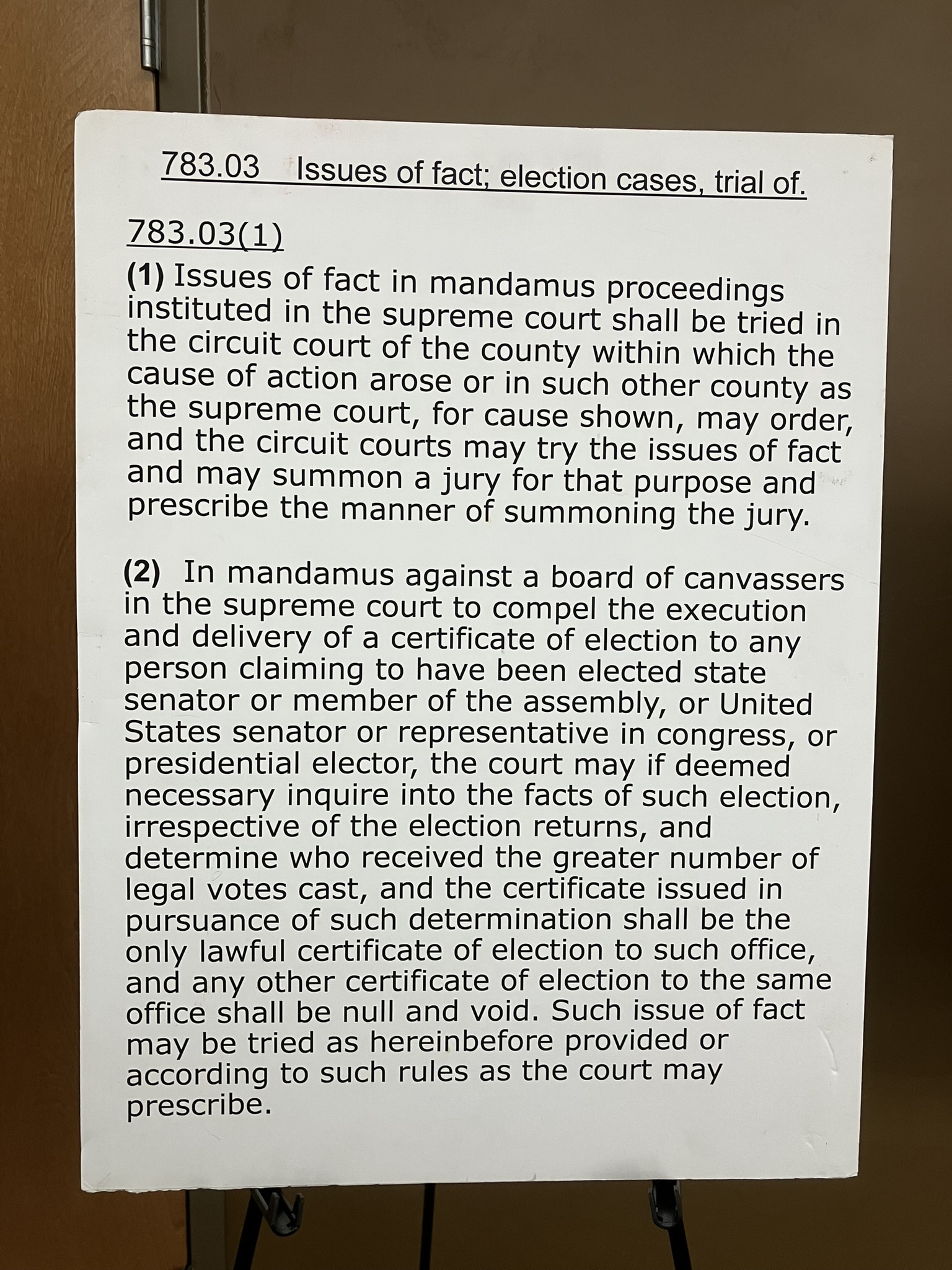 Text of Wisconsin state statutes concerning certification of elections.