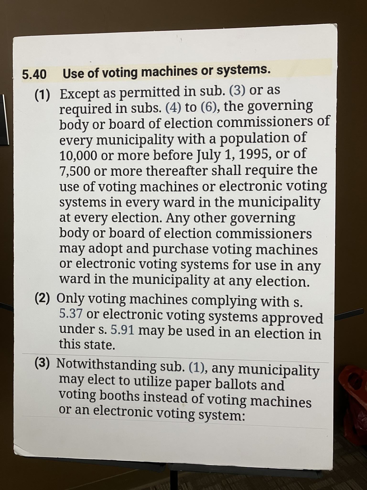 The text of the Wisconsin state statute addressing the use of voting machines.