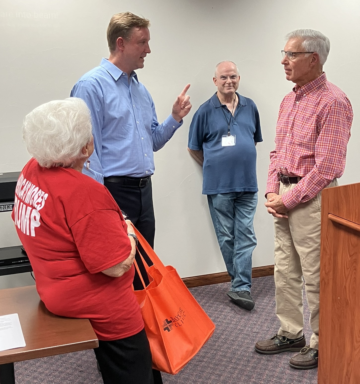 Dan Lennington, deputy counsel of the Wisconsin Institute for Law & Liberty, chats with a guest after the Fox Valley Initiative meeting on September 11, 2023.