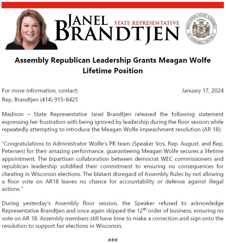 Wisconsin State Rep. Janel Brandtjen issued a press release concerning her effort to impeach Meagan Wolfe.