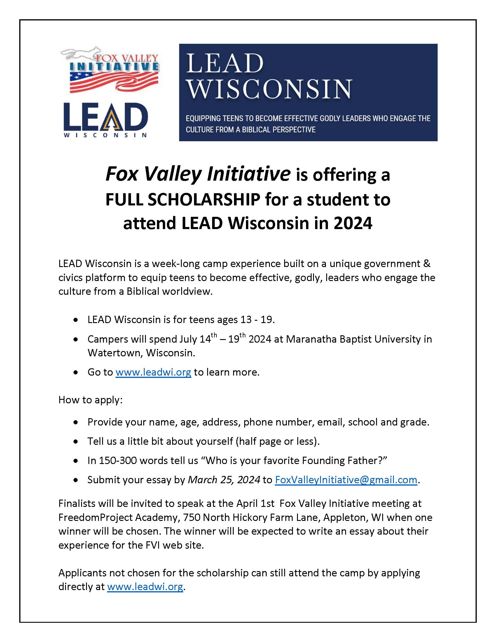 Fox Valley Initiative is offering a scholarship to attend LEAD Wisconsin.