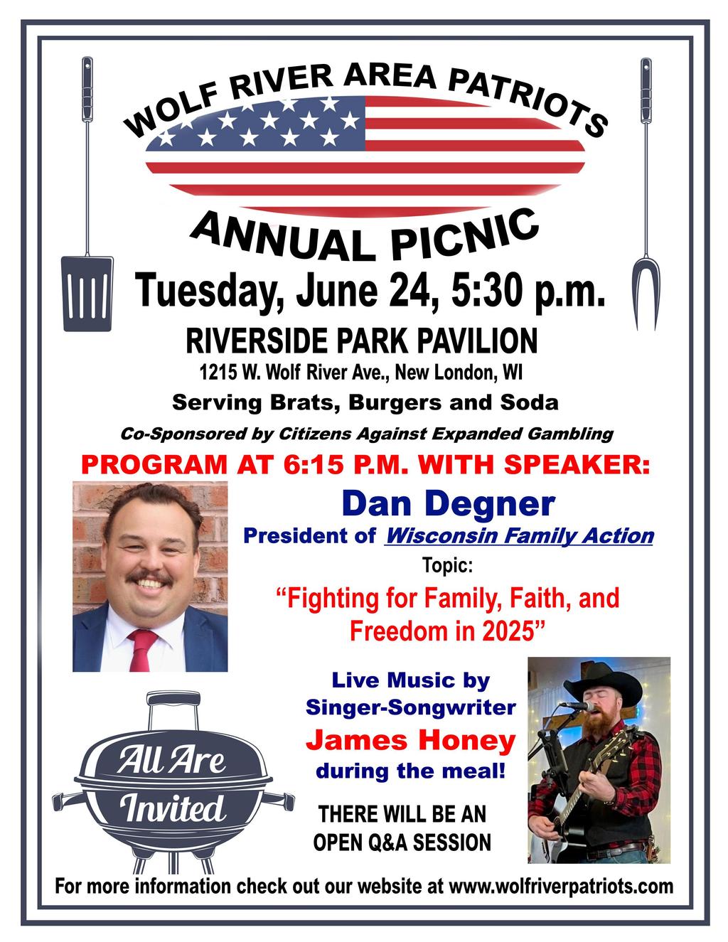 Wolf River Area Patriots will host its annual picnic in New London on Tuesday, June 24.