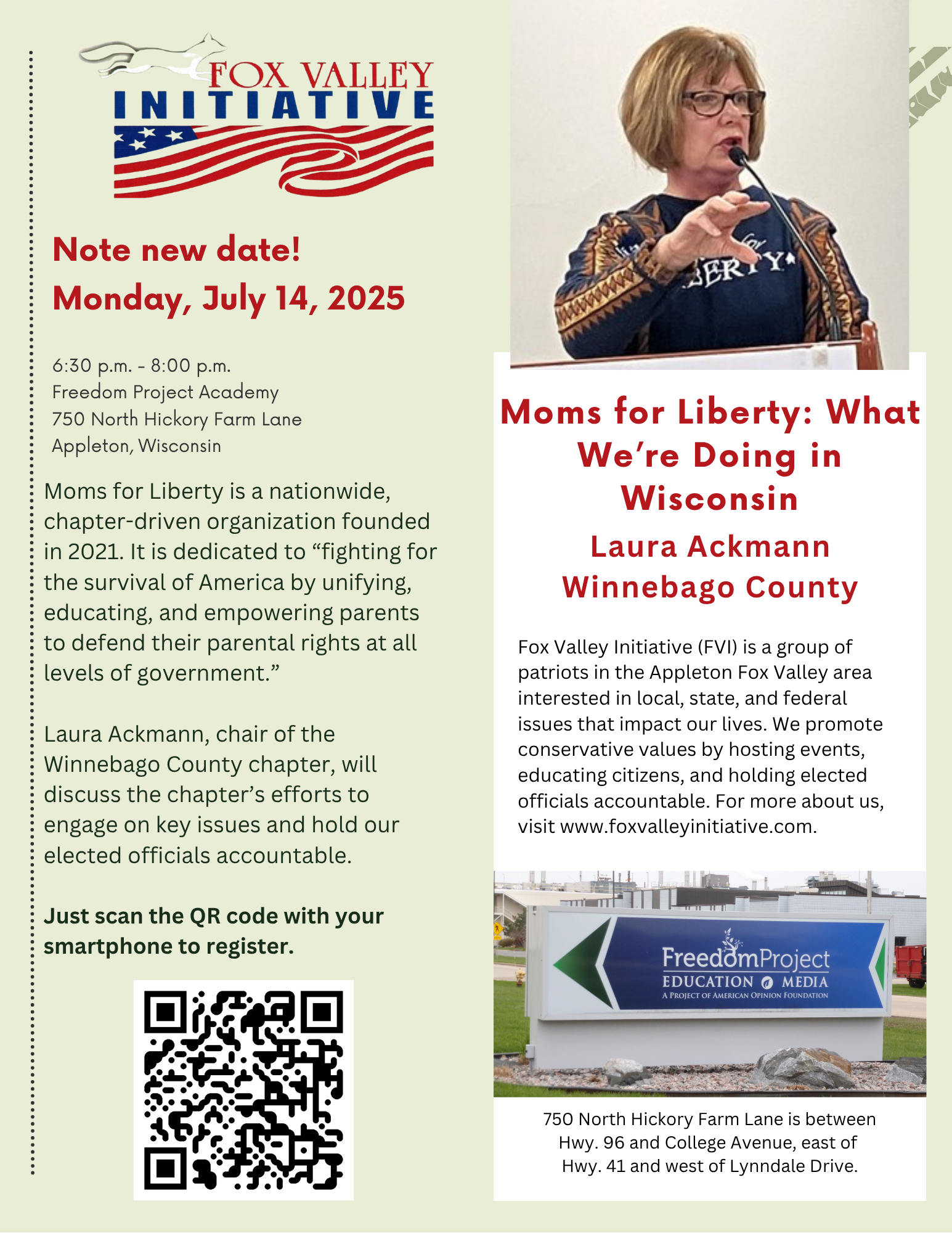 Laura Ackmann of Moms for Liberty will speak at Fox Valley Initiative's July 2025 meeting.
