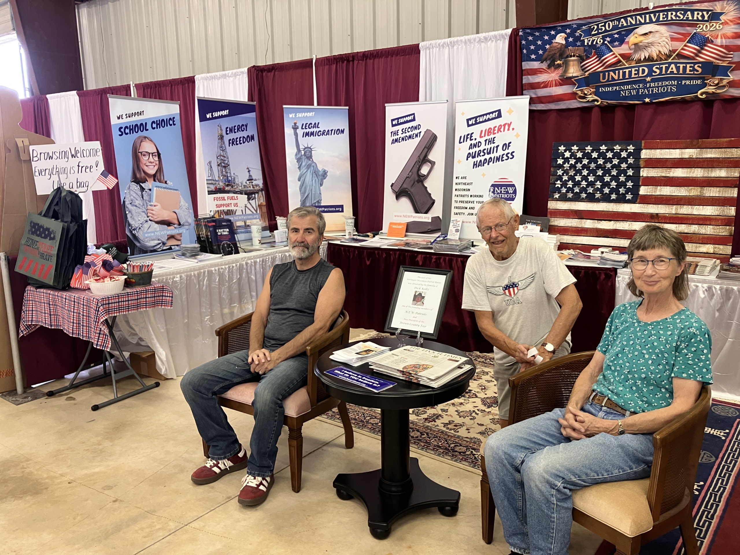 NEW Patriots Leadership Team members Joe, Ron, and Linda after Brown County Fair booth setup.