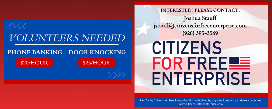 Citizens for Free Enterprise is seeking phone callers and door knockers.