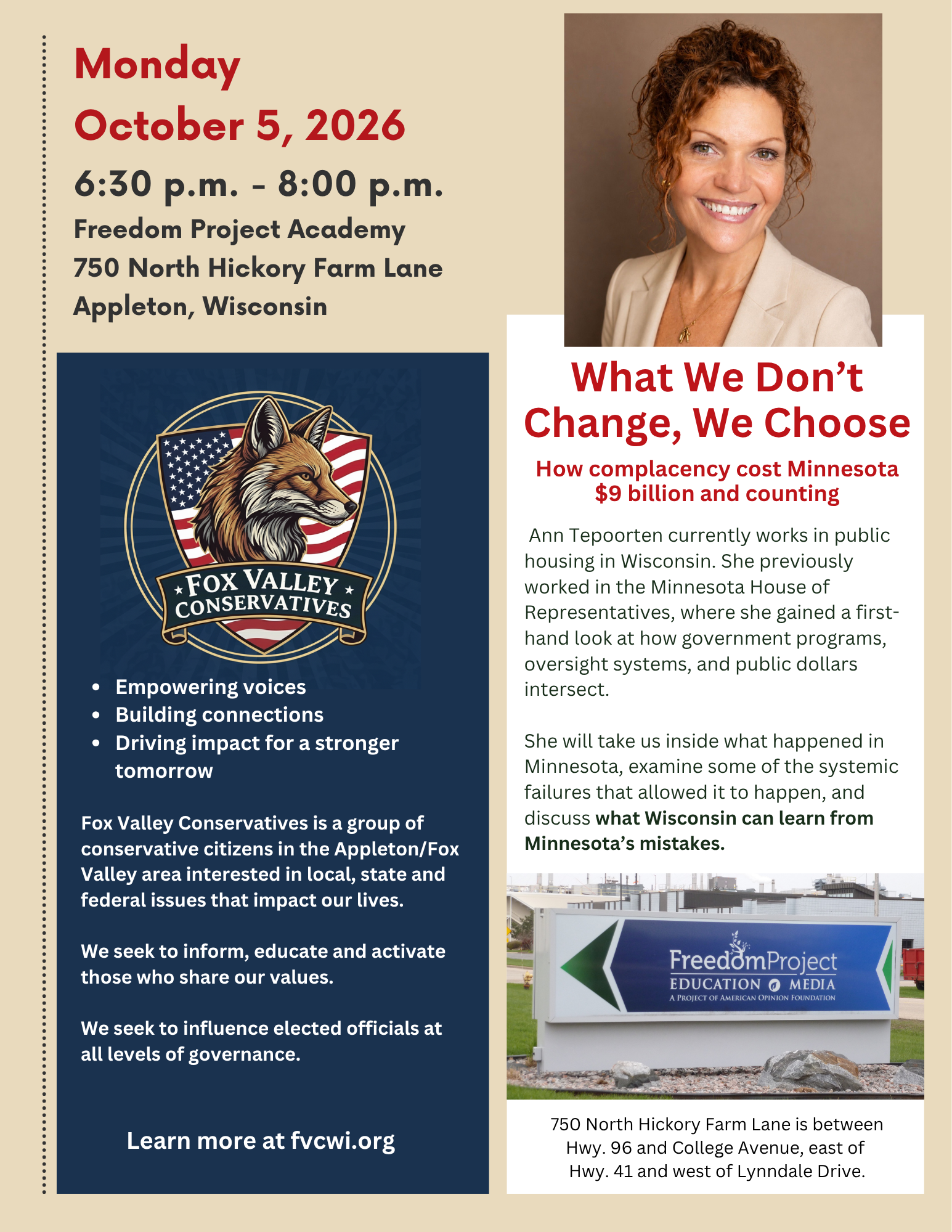 Ann Tepoorten will speak at the October 5 meeting of Fox Valley Conservatives.