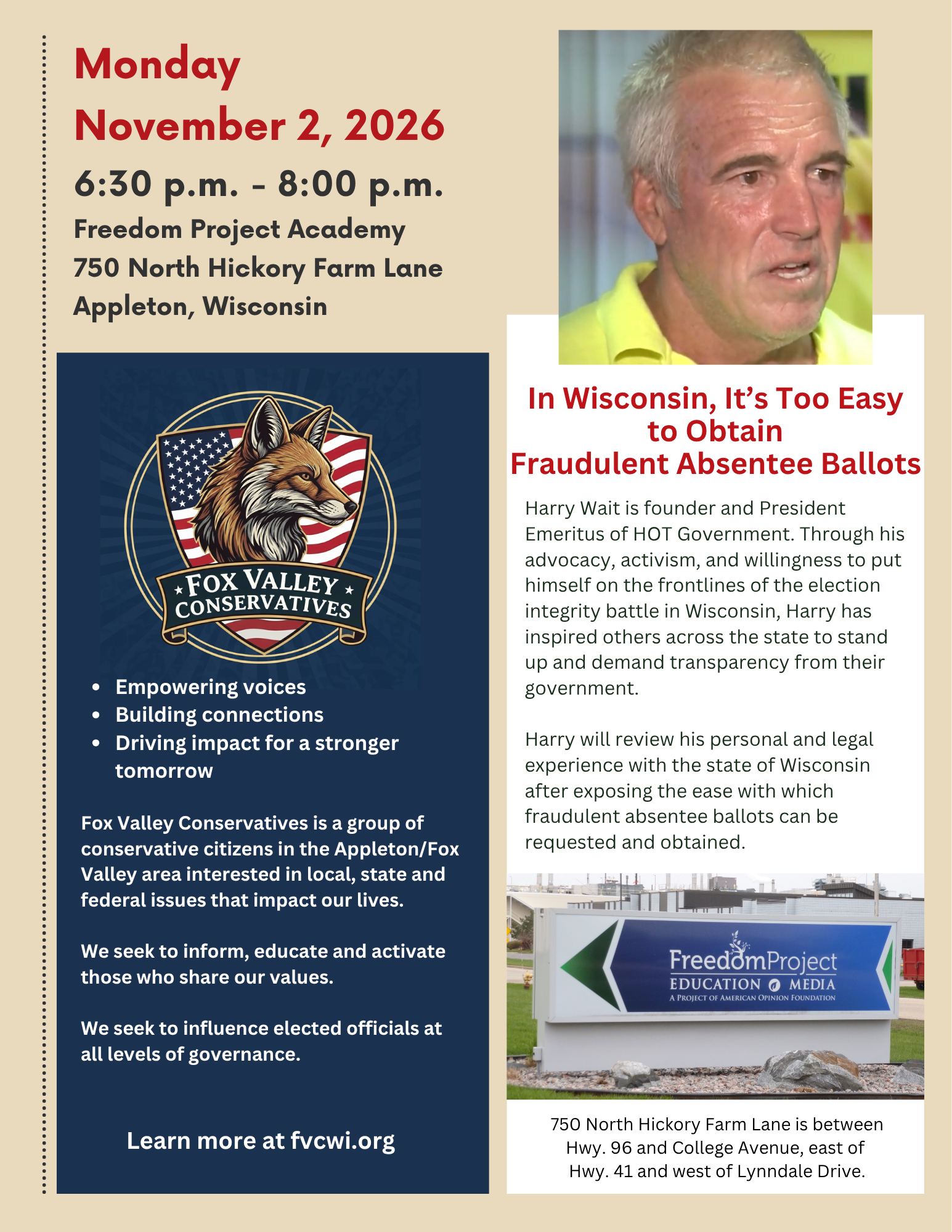 Harry wait will speak to Fox Valley Conservatives on Monday, November 2, 2026.