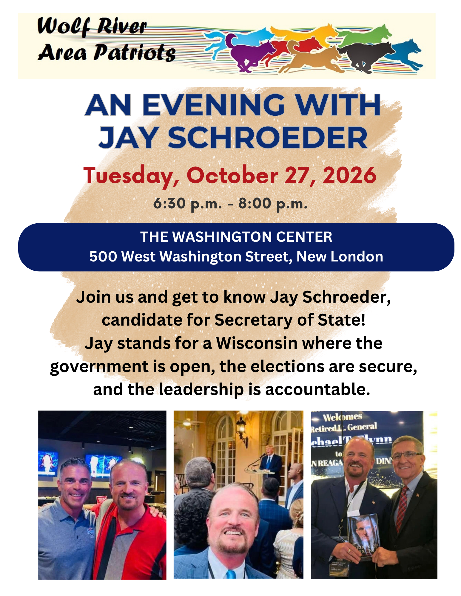 Wolf River Area Patriots will host Lt. Gov. candidate David Varnam and State Sen. Rachael Cabral-Guevara in New London on September 22, 2026.